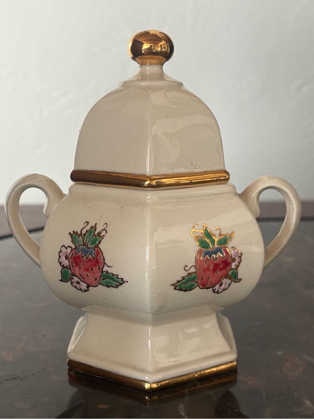 Cream Vintage Sugar Bowl Strawberry PatternCeramic Gold Trim Cottage Decor